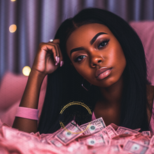 Load image into Gallery viewer, Pink-themed AI stock photo featuring a young girl with money Artificial intelligence stock image of a young girl with cash in pink AI-generated stock photo: Young girl with money in pink theme
