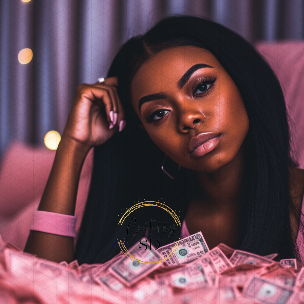 Pink-themed AI stock photo featuring a young girl with money Artificial intelligence stock image of a young girl with cash in pink AI-generated stock photo: Young girl with money in pink theme