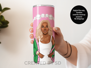 blonde black woman aka sorority sister tumbler pink and green wrap