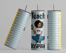 Load image into Gallery viewer, Back to School Teacher Tumbler Wrap Sublimation 20oz Teach Love Inspire png Black Teacher Gift Appreciation School Essential for Teacher Day.
